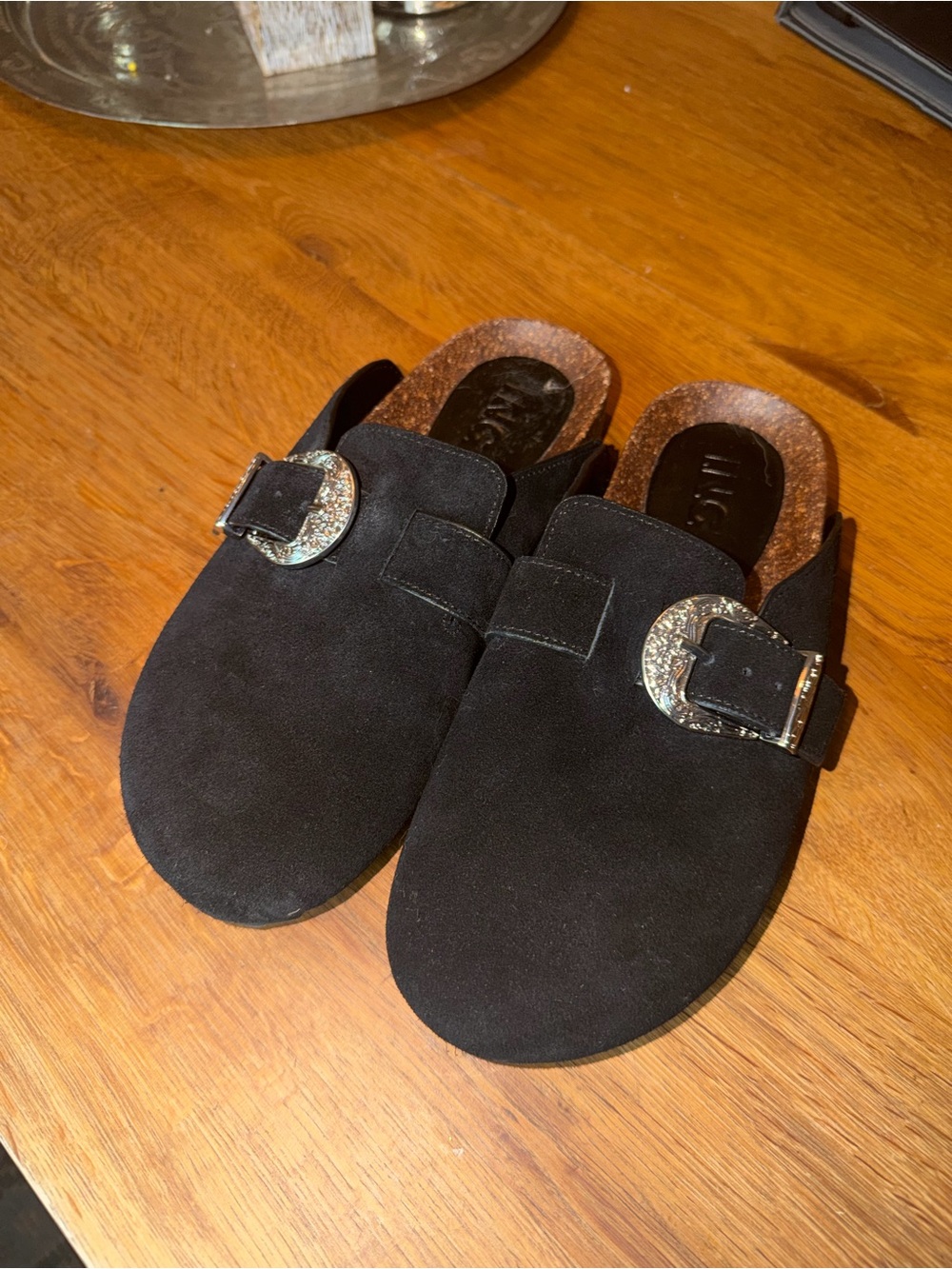 INC Black Suede Western Buckle Mules / Slides
